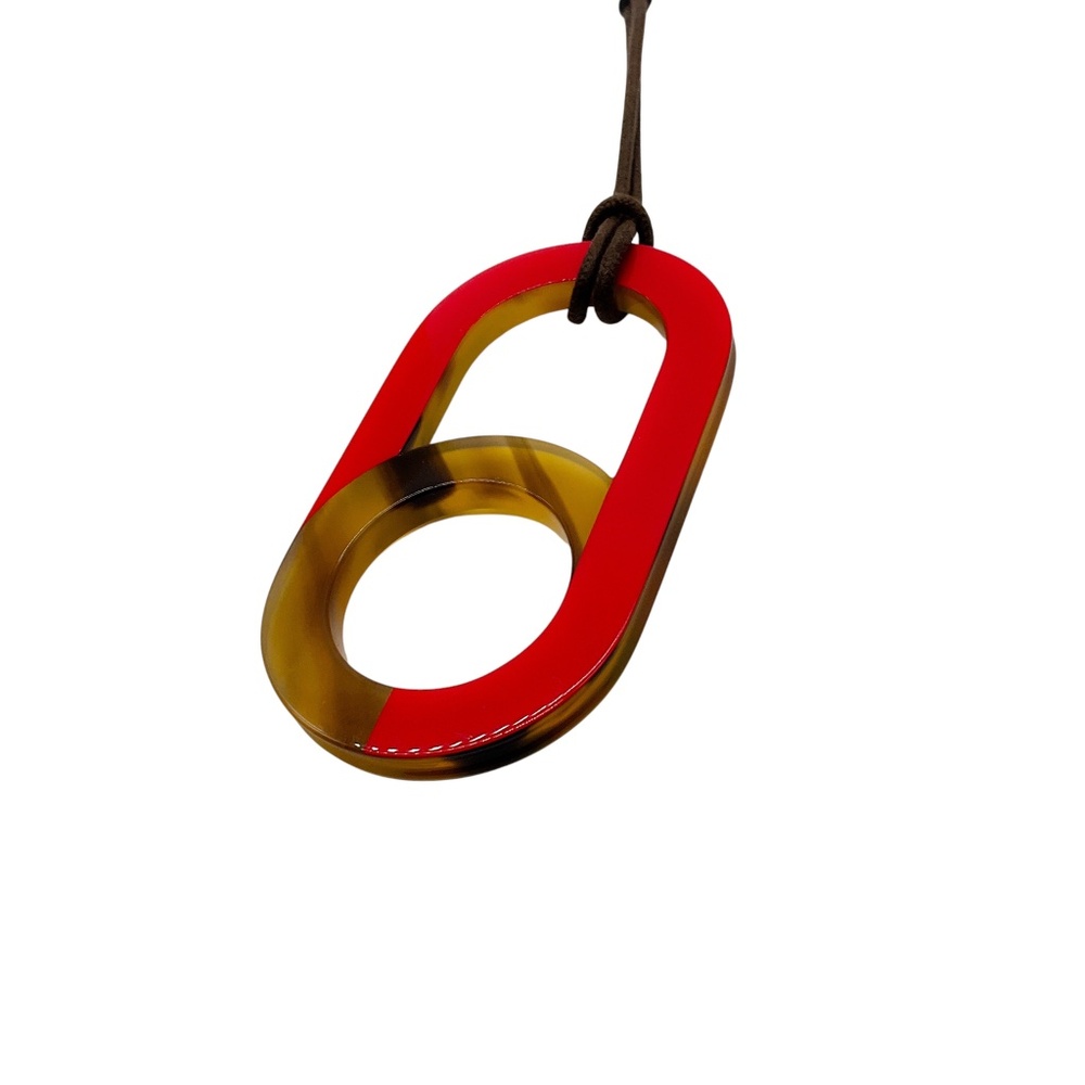 HERMES RED / BUFFALO HORN LARGE MEYANCE PENDANT NECKLACE ON ADJUSTABLE BROWN COR - Picture 4 of 6